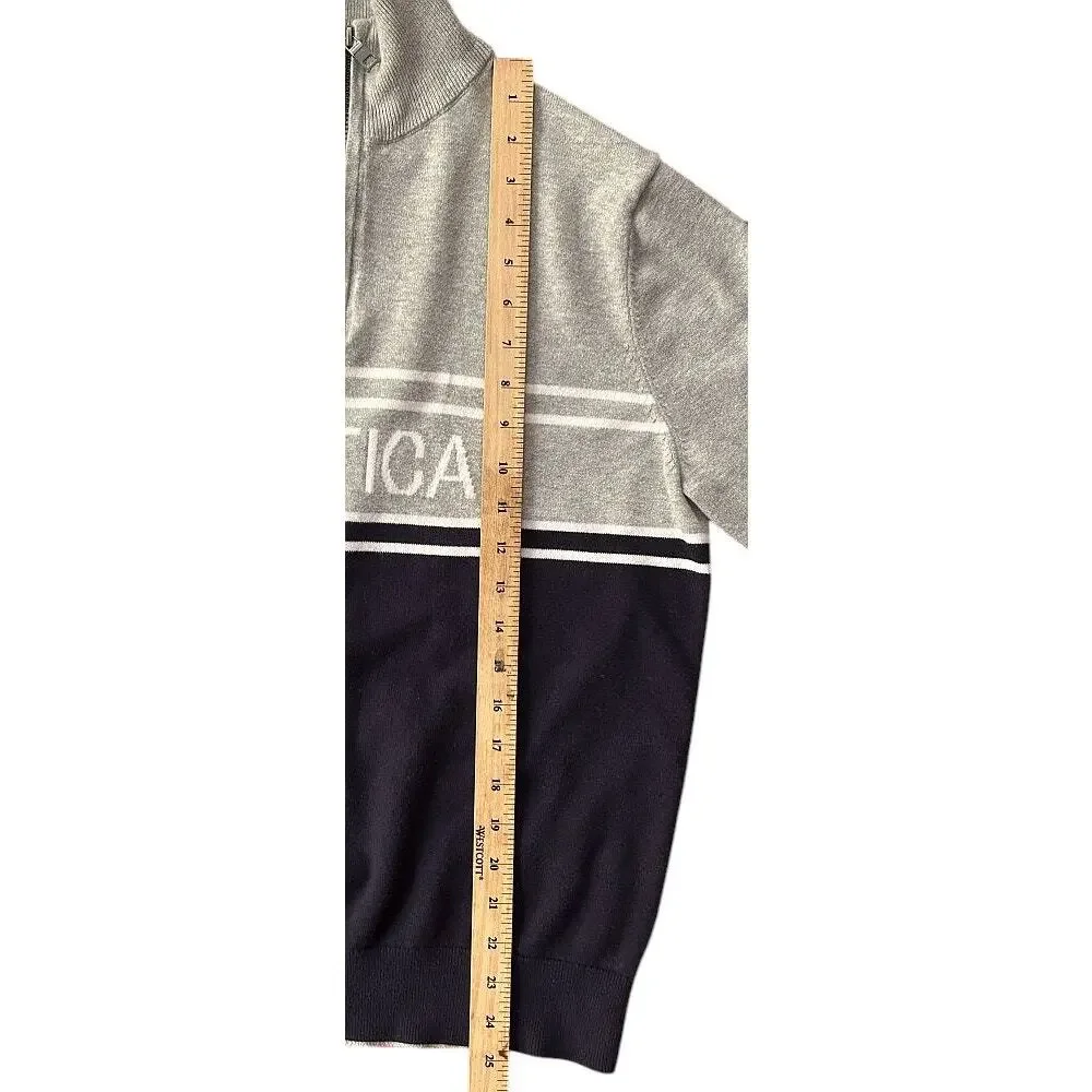 Nautica Gray & Navy Blue 1/4 Zip Cotton Logo Sweater Men's Medium